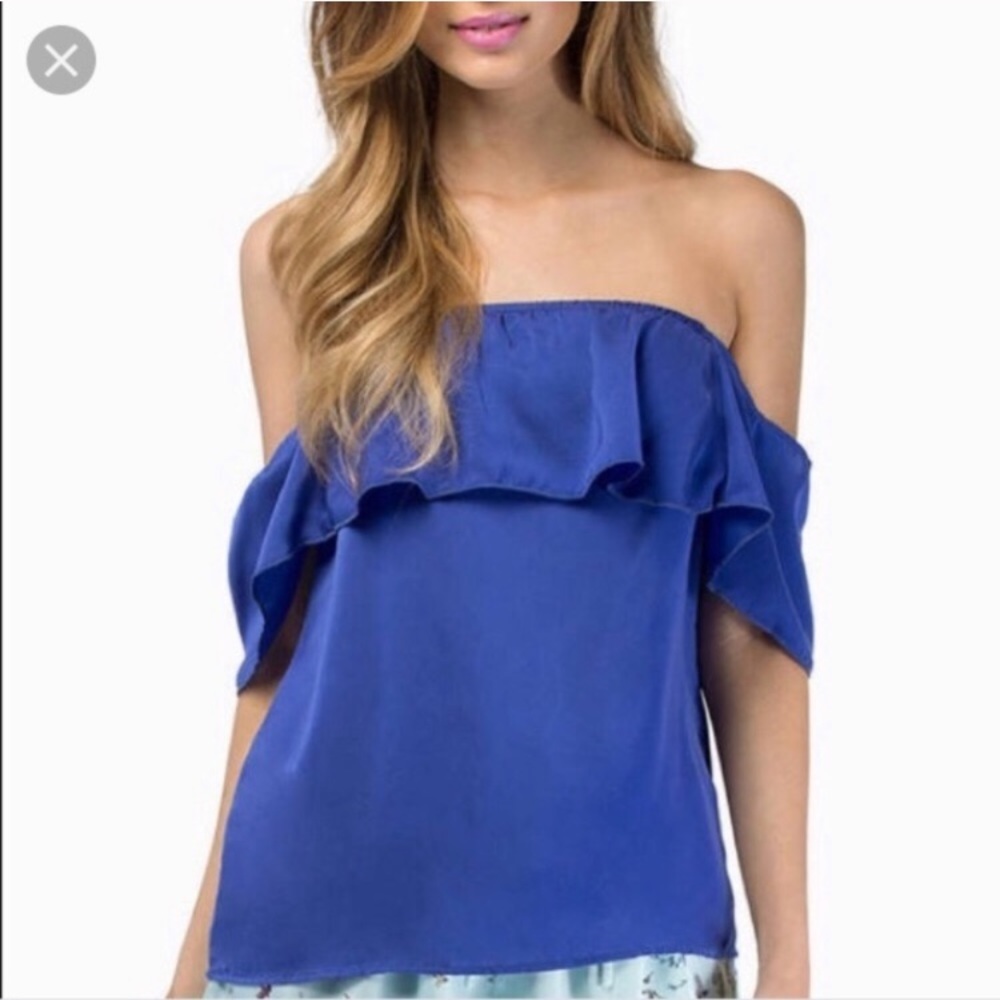 Tobi Off The Shoulder Blue Top with Ruffles